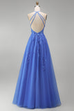Floral Corset Halter Neck A Line Appliqued Dark Blue Long Prom Dress with Slit