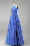 Floral Corset Halter Neck A Line Appliqued Dark Blue Long Prom Dress with Slit