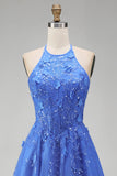 Floral Corset Halter Neck A Line Appliqued Dark Blue Long Prom Dress with Slit