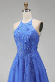 Floral Corset Halter Neck A Line Appliqued Dark Blue Long Prom Dress with Slit