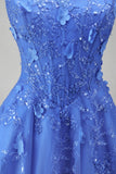 Floral Corset Halter Neck A Line Appliqued Dark Blue Long Prom Dress with Slit