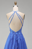 Floral Corset Halter Neck A Line Appliqued Dark Blue Long Prom Dress with Slit