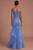 Floral Corset Mermaid Appliqued Dark Blue Long Prom Dress