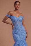 Floral Corset Mermaid Appliqued Dark Blue Long Prom Dress