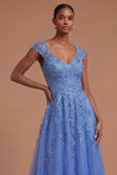 Floral A Line Appliqued Dark Blue Long Prom Dress