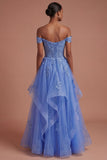 Floral A Line Corset Appliqued Dark Blue Long Prom Dress