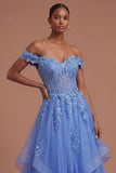 Floral A Line Corset Appliqued Dark Blue Long Prom Dress