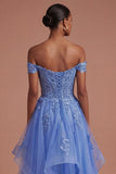 Floral A Line Corset Appliqued Dark Blue Long Prom Dress
