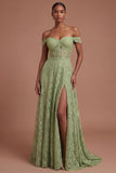 Lace Off the Shoulder Sage Green A Line Long Prom Dress with Slit