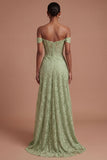 Lace Off the Shoulder Sage Green A Line Long Prom Dress with Slit