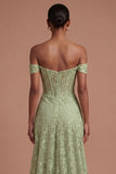 Lace Off the Shoulder Sage Green A Line Long Prom Dress with Slit