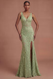 Lace Sage Green Mermaid Long Prom Dress with Slit