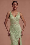 Lace Sage Green Mermaid Long Prom Dress with Slit