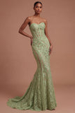 Corset Mermaid Lace Floral Sage Green Long Prom Dress