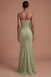 Sage Green Mermaid Corset Spaghetti Straps Long Prom Dress with Slit
