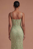 Sage Green Mermaid Corset Spaghetti Straps Long Prom Dress with Slit