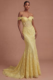 Yellow Floral Corset Off the Shoulder Mermaid Long Prom Dress