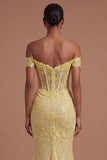 Yellow Floral Corset Off the Shoulder Mermaid Long Prom Dress