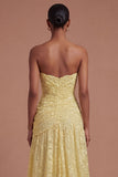 Yellow Floral A Line Strapless Long Prom Dress