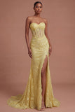 Yellow Floral Corset Mermaid Long Prom Dress with Slit