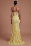 Yellow Floral Corset Mermaid Long Prom Dress with Slit