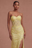 Yellow Floral Corset Mermaid Long Prom Dress with Slit