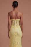 Yellow Floral Corset Mermaid Long Prom Dress with Slit