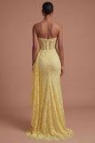 Ruffled Yellow Floral Corset Mermaid Long Prom Dress with Slit