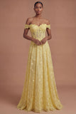 Corset Off the Shoulder Floral A Line Yellow Long Prom Dress