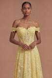 Corset Off the Shoulder Floral A Line Yellow Long Prom Dress