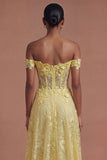 Corset Off the Shoulder Floral A Line Yellow Long Prom Dress