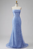 Mermaid Blue Corset Beaded Long Prom Dress