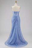 Mermaid Blue Corset Beaded Long Prom Dress