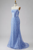 Mermaid Blue Corset Beaded Long Prom Dress
