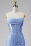 Mermaid Blue Corset Beaded Long Prom Dress