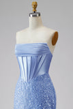 Mermaid Blue Corset Beaded Long Prom Dress