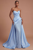 Mermaid Blue Ruched Beaded Long Prom Dress with Cape