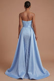 Mermaid Blue Ruched Beaded Long Prom Dress with Cape