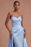 Mermaid Blue Ruched Beaded Long Prom Dress with Cape