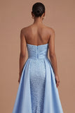 Mermaid Blue Ruched Beaded Long Prom Dress with Cape