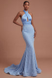 Mermaid Blue Halter Neck Beaded Long Prom Dress