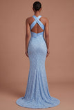 Mermaid Blue Halter Neck Beaded Long Prom Dress
