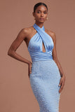 Mermaid Blue Halter Neck Beaded Long Prom Dress