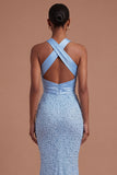 Mermaid Blue Halter Neck Beaded Long Prom Dress