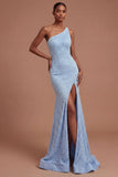 Mermaid One Shoulder Blue Beaded Long Prom Dress with Slit