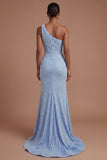 Mermaid One Shoulder Blue Beaded Long Prom Dress with Slit