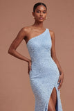 Mermaid One Shoulder Blue Beaded Long Prom Dress with Slit