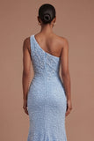 Mermaid One Shoulder Blue Beaded Long Prom Dress with Slit