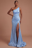 Ruched Mermaid One Shoulder Blue Beaded Long Prom Dress with Slit