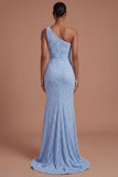 Ruched Mermaid One Shoulder Blue Beaded Long Prom Dress with Slit